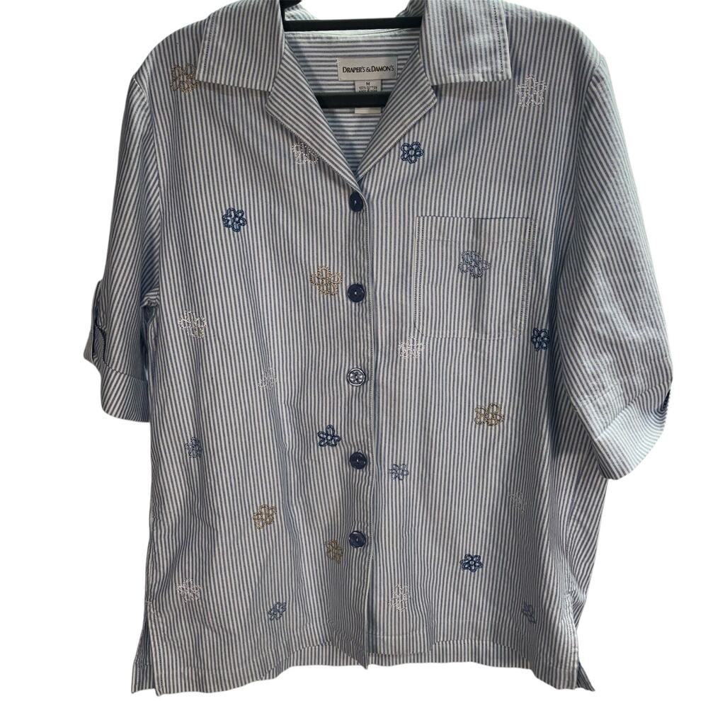 Vintage Draper's & Damon's Short Sleeve Button Up Embroidered‎ Cotton Blouse M